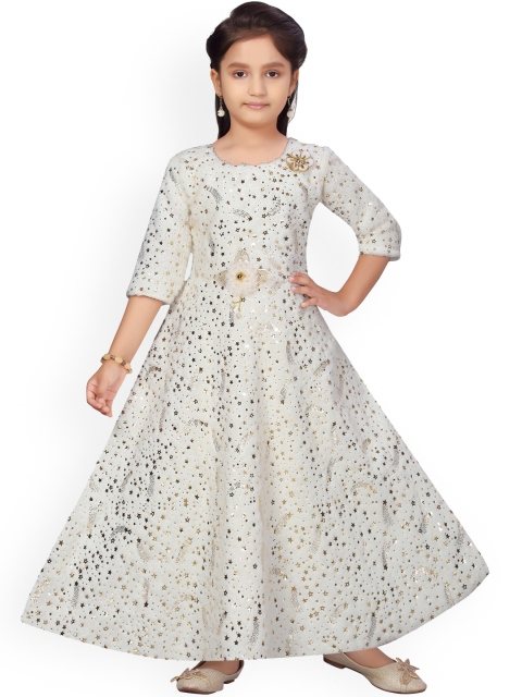 Aarika Girls Cream-Coloured & Golden Embellished Fit and Flare Wool Blend Dress