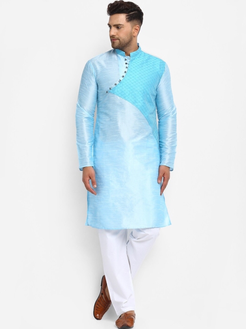 TREEMODA Men Turquoise Blue & White Colourblocked Kurta with Pyjamas
