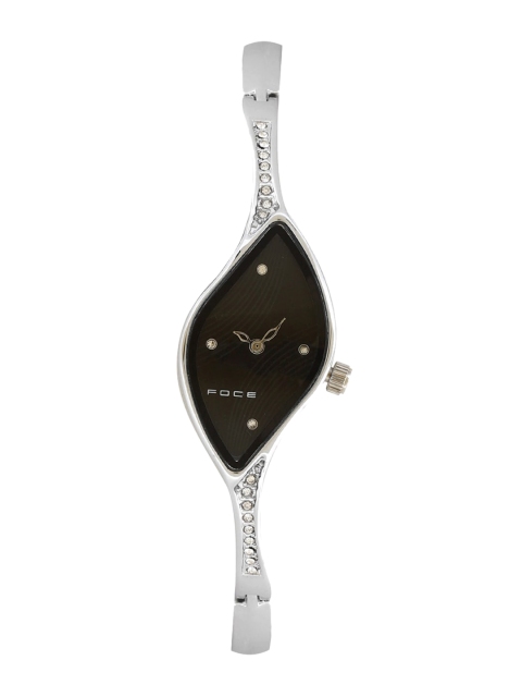 FOCE Women Black Embellished Dial & Silver Toned Bracelet Style Straps Analogue Watch