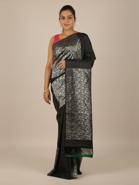 Pothys Black & Silver-Toned Pure Silk Woven Design Kanjeevaram Saree