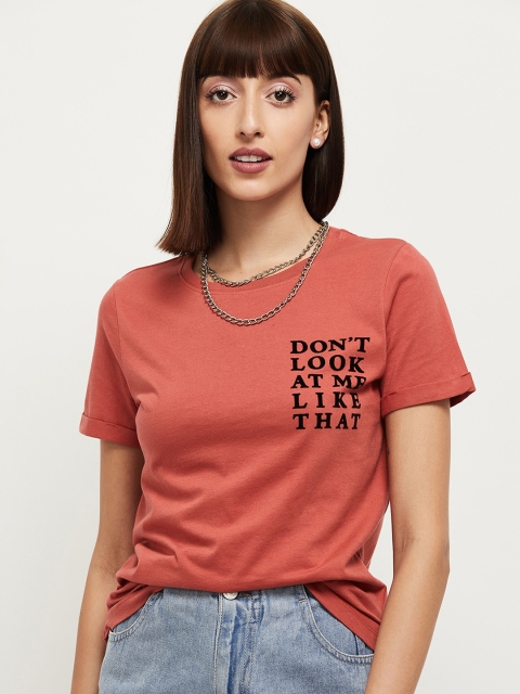 max Women Rust Solid Round Neck Cotton Pure Cotton T-shirt