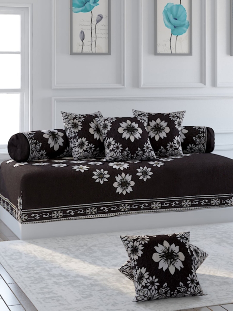 Bromwick Set Of 8 Brown & White Floral Printed Diwan Set