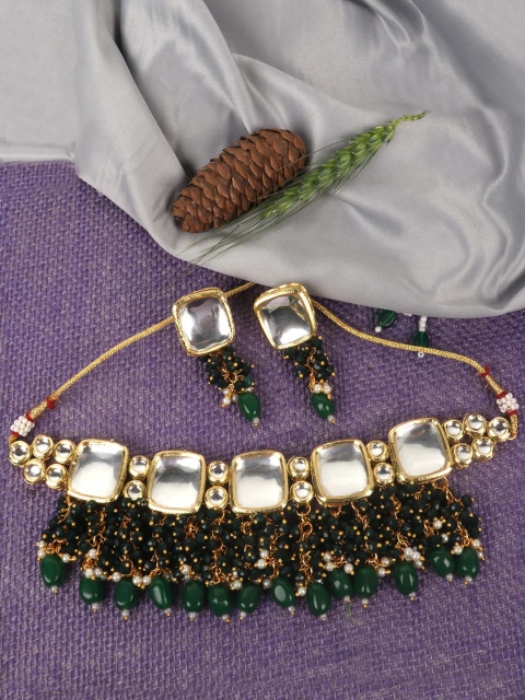 JEWELS GEHNA Gold-Plated Green & White Kundan-Studded & Beaded Vilandi Jewellery Set