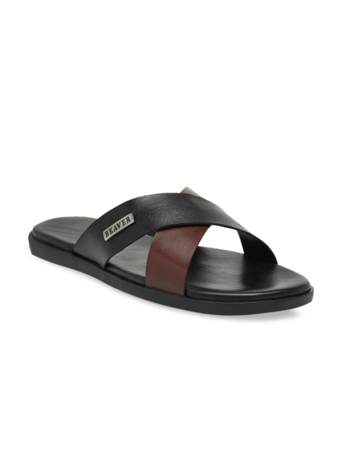 BEAVER Men Brown & Black Leather Comfort Sandals