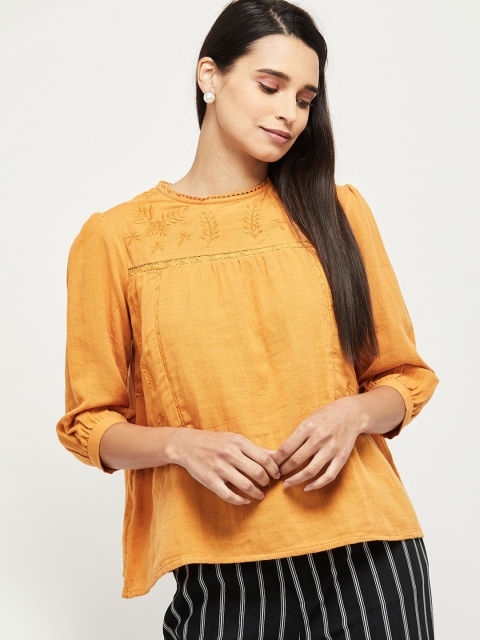 max Orange Embroidered Pure Cotton Regular Top