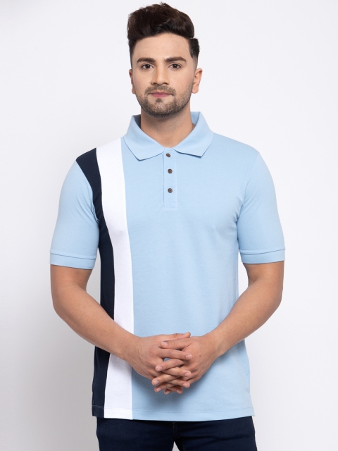 Kalt Men Blue Striped Polo Collar Cotton T-shirt