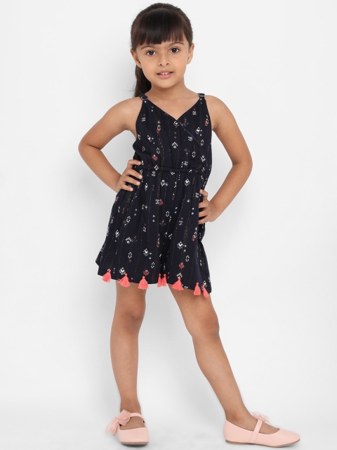 Nauti Nati Girls Navy Blue & White Printed Playsuit