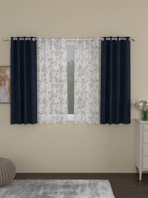 ROSARA HOME Navy Blue & White Set of 4 Regular & Sheer Window Curtains