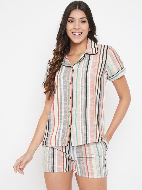 Clovia Women Beige & White Striped Night suit