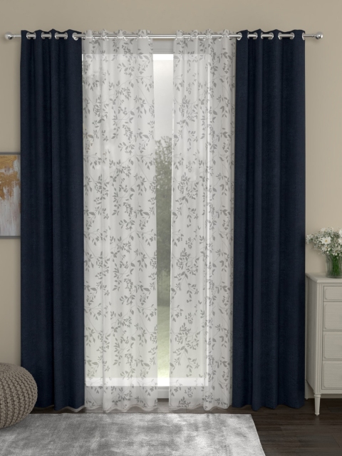 ROSARA HOME Navy Blue & White Set of 4 Door Curtains