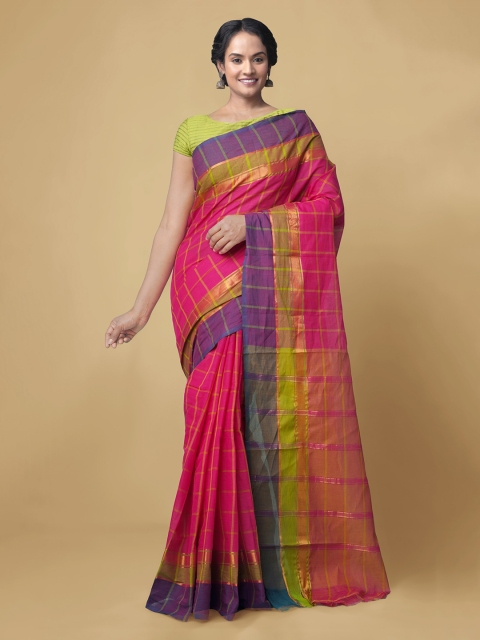 Unnati Silks Pink Pure Cotton Checked Mangalagiri Saree