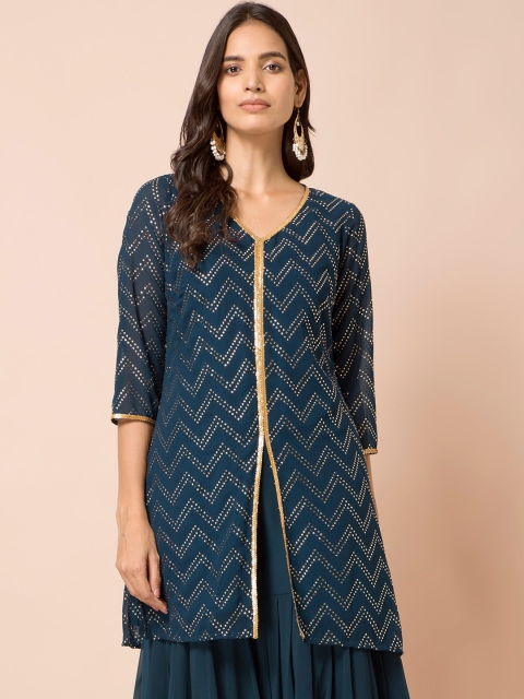 INDYA Women Teal Blue Chevron Printed Kurta