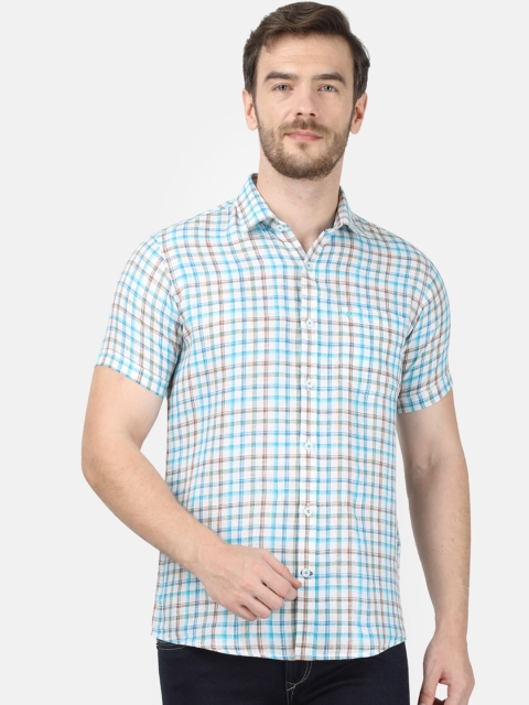 Monte Carlo Men Blue & Brown Regular Fit Checked Casual Linen Shirt