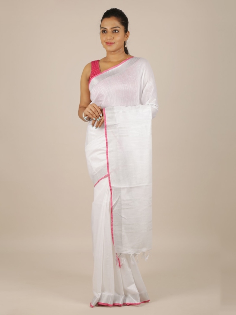 Pothys White Solid Linen Blend Saree
