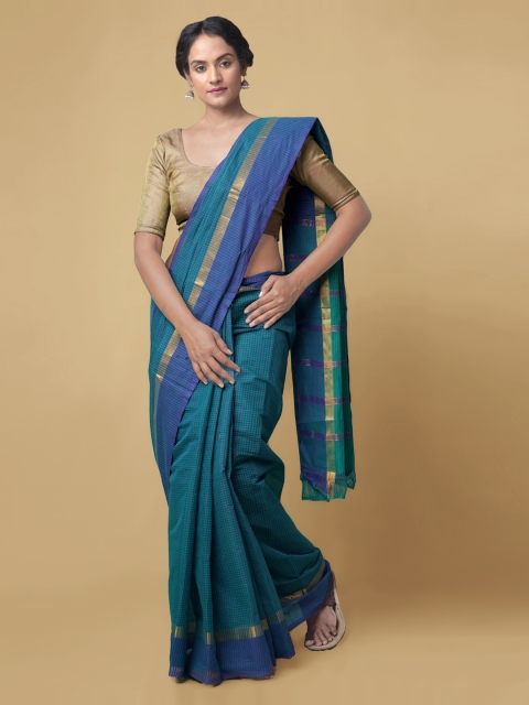 Unnati Silks Blue & Green Pure Cotton Checked Mangalagiri Saree