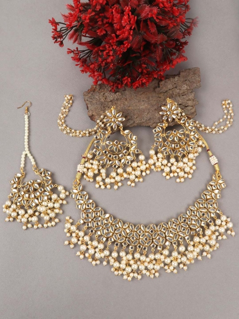 JEWELS GEHNA Gold-Plated White Stone-Studded & Beaded Jadau Jewellery Set