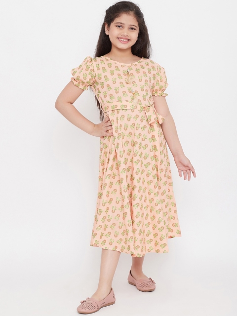 Baani Creations Girls Peach-Coloured Printed Fit and Flare Dress