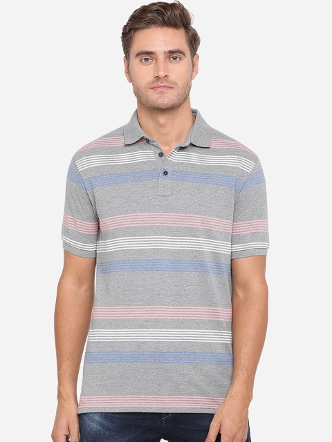 JADE BLUE Men Grey Striped Polo Collar T-shirt