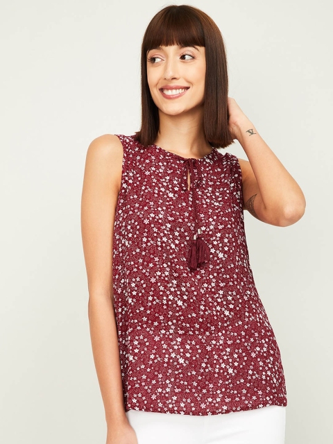 Fame Forever by Lifestyle Burgundy Floral Printed Tie-Up Neck Regular Top