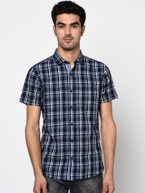 METTLE Men Navy Blue & White Regular Fit Checked Casual Shirt