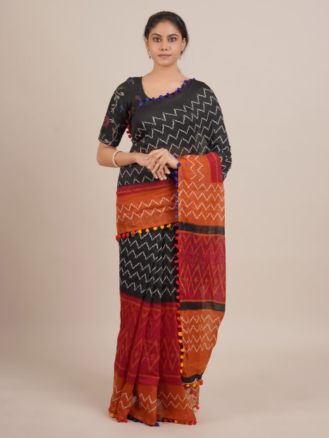Pothys Black Printed Jute Silk Saree