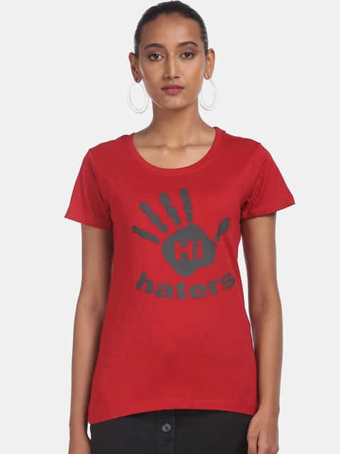 Sugr Women Red Printed Round Neck T-shirt