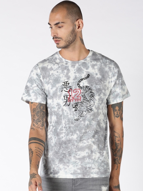 Blue Saint Men White & Grey Printed Round Neck Cotton T-shirt