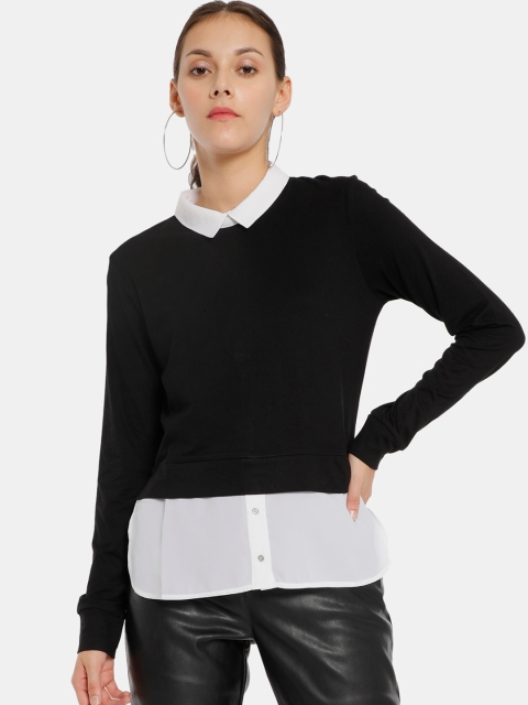 ELLE Black & Off White Colourblocked Layered Shirt Style Top