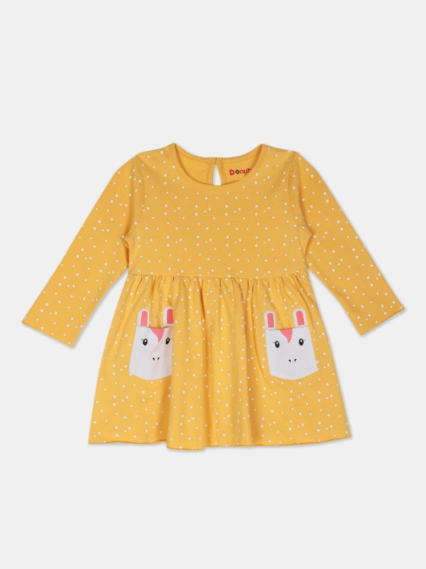 Donuts Girls Mustard Printed Fit and Flare Cotton Dress