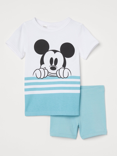 H&M Boys White & Blue Mickey Mouse Printed Cotton Pyjamas