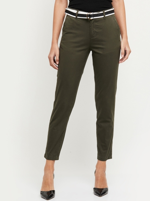 max Women Green Solid Cropped Regular Trousers