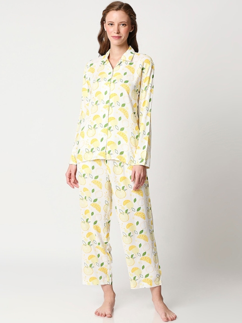 Bewakoof Women White & Yellow Printed Pure Cotton Night Suit
