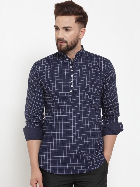 KLOTTHE Men Navy Blue & White Checked Kurta