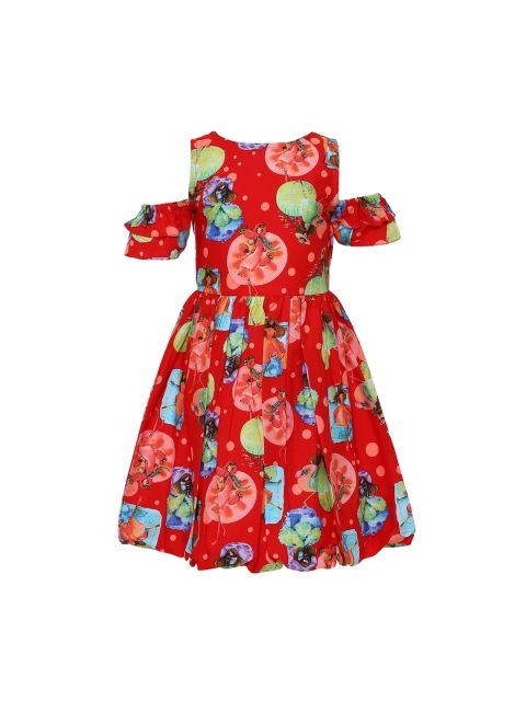 Aarika Girls Red Printed Fit and Flare Dress