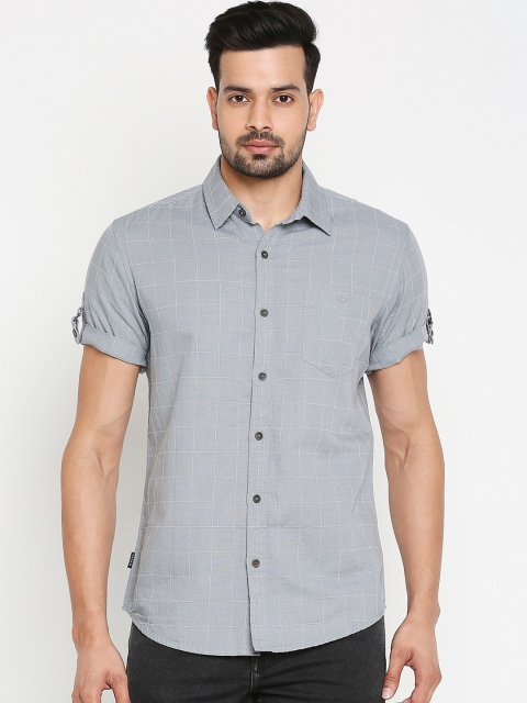 Mufti Men Grey Slim Fit Checked Cotton Linen Casual Shirt