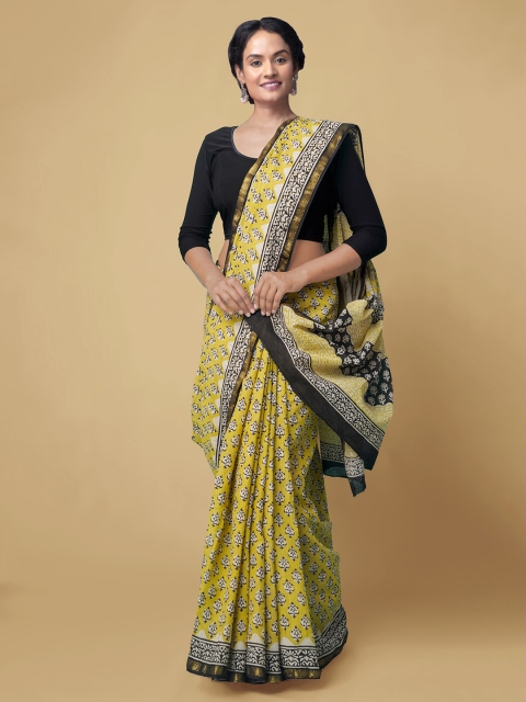 Unnati Silks Yellow Pure Cotton Printed Bagru Saree