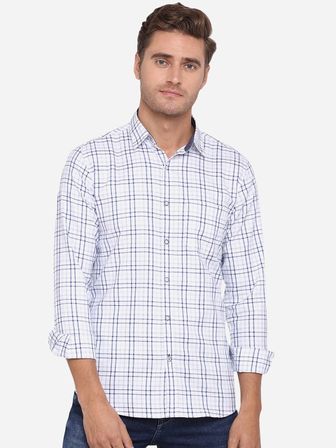 JADE BLUE Men White & Blue Slim Fit Checked Casual Shirt