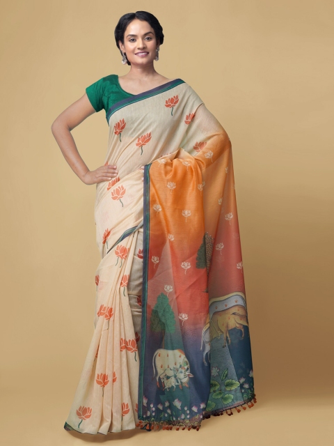 Unnati Silks Beige Silk Cotton Printed Chanderi Saree