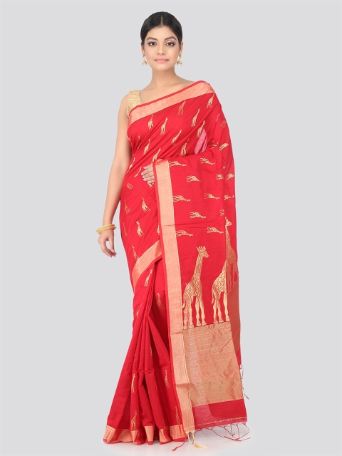 PinkLoom Red & Gold Cotton Blend Woven Design Handloom Saree