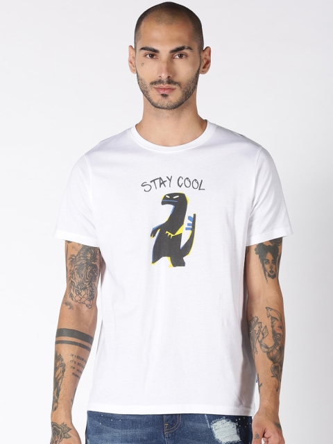 Blue Saint Men White Printed Round Neck Cotton T-shirt