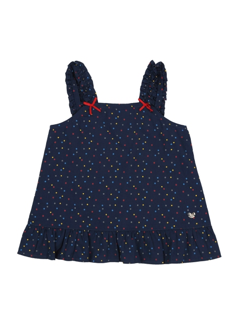 Ed-a-Mamma Girls Navy Blue Polka Dots Printed Pure Cotton A-Line Sustainable Top