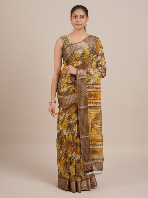 Pothys Mustard Printed Linen Blend Saree