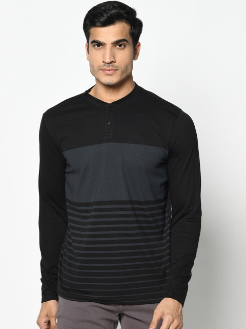 Blackberrys Men Grey Striped Henley Neck T-shirt