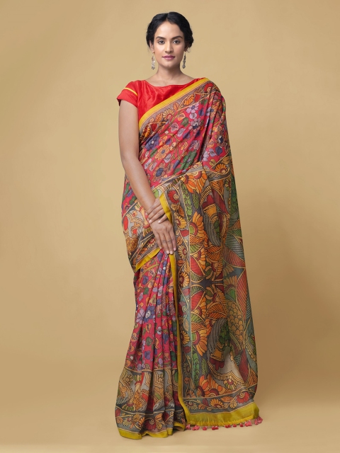 Unnati Silks Multicoloured Silk Cotton Kalamkari Chanderi Sico Saree, Multi