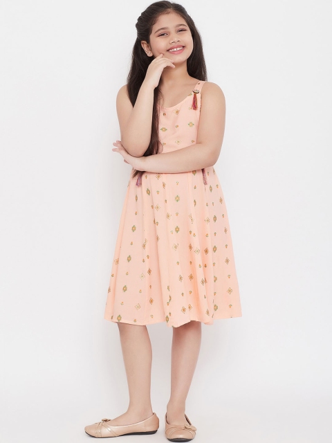Baani Creations Girls Peach-Coloured Printed Fit and Flare Dress