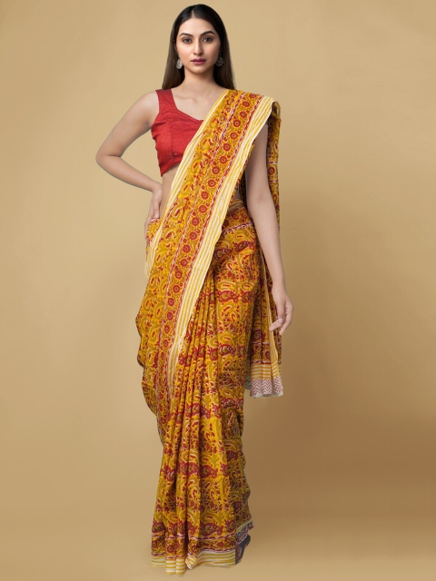 Unnati Silks Yellow & Pink Silk Blend Printed Block Print Handloom Saree