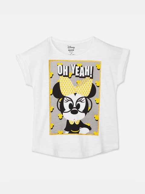 Kids Ville Girls White Mickey & Friends Printed Round Neck T-shirt