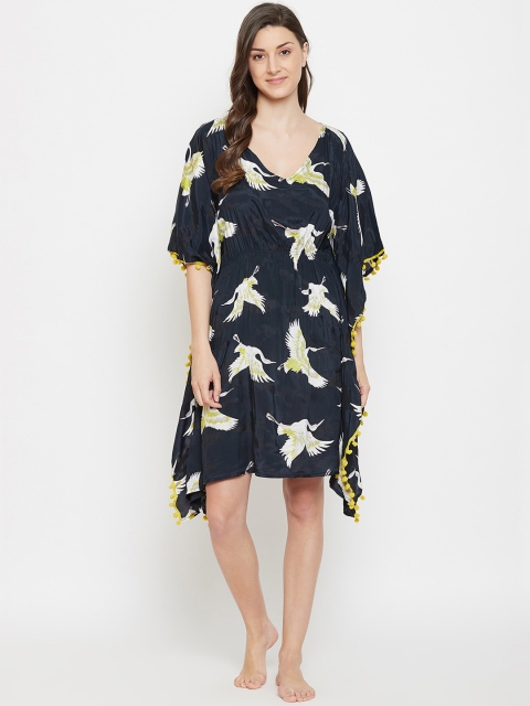 Clovia Women Navy Blue & White Bird Printed Georgette Cover-Up Dress