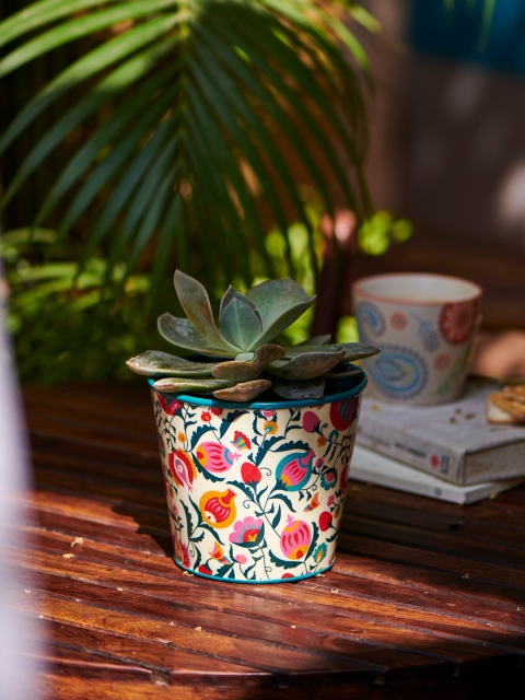 Chumbak White & Teal Blue Floral Print Boho Branches Small Pot Holder