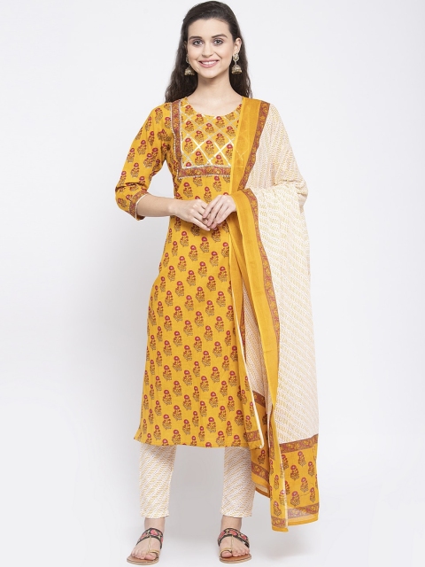ANAISA Women Mustard Yellow & White Kurta with Trousers & Dupatta
